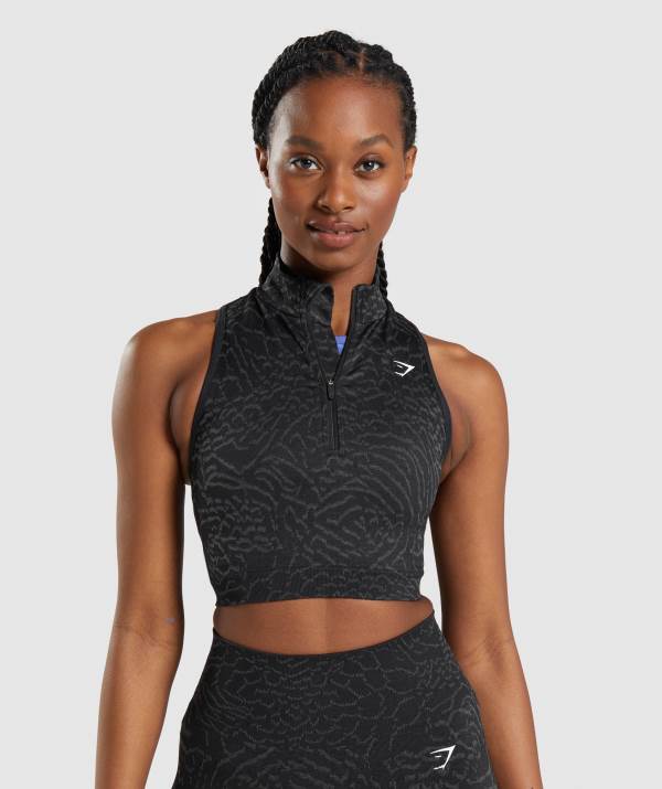 Damske Crop Top Gymshark Adapt Animal Seamless Crop 1/2 Zip Čierne | KC5327481